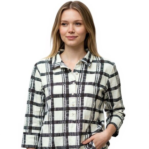 J. McLaughlin Catalina Knit Top Women Large Collar Henley Plaid Stretch Classic - Picture 1 of 10